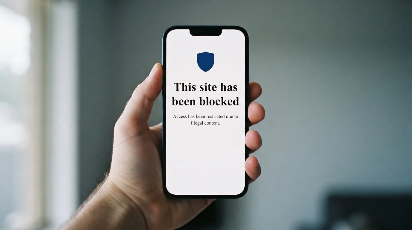 A smartphone screen showing a plain government warning notice about a blocked website, held against a blurred background.