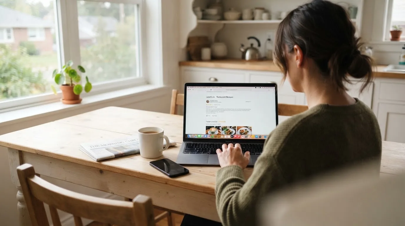 A person at a kitchen table scrolling through review pages on a laptop, phone face-down beside them.