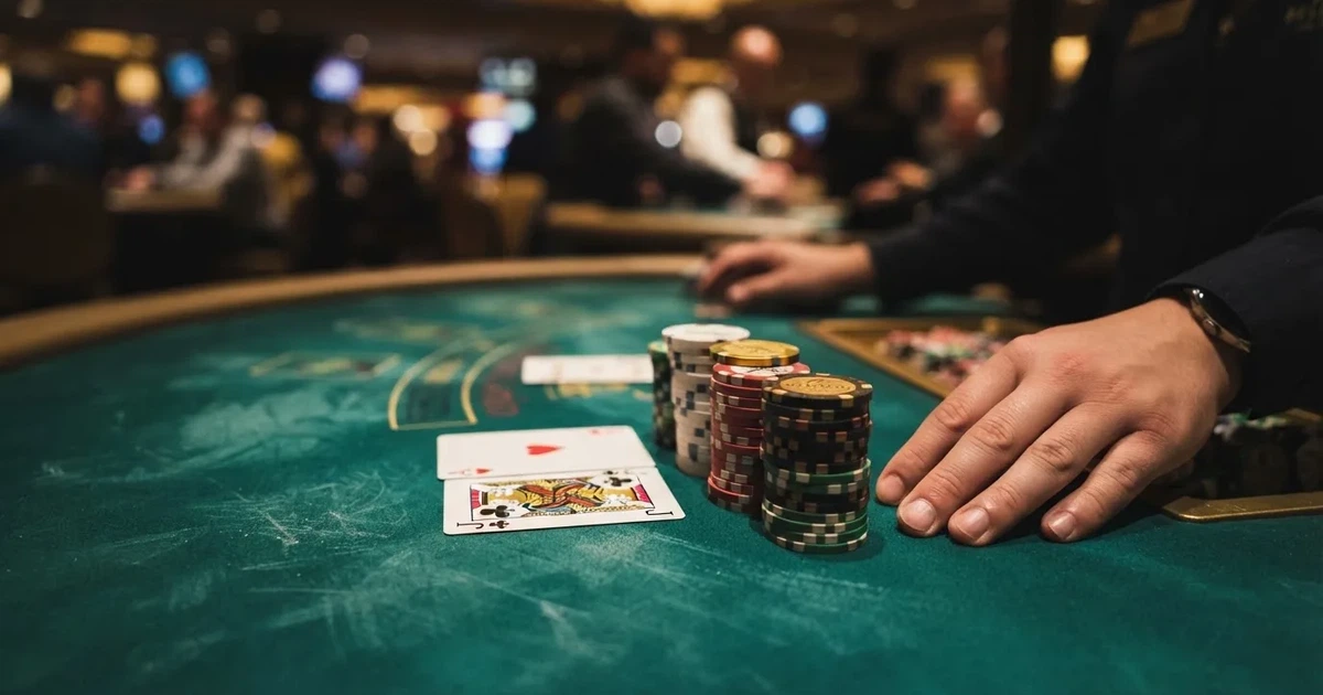A close-up of a green felt gaming table with cards and chips mid-hand.