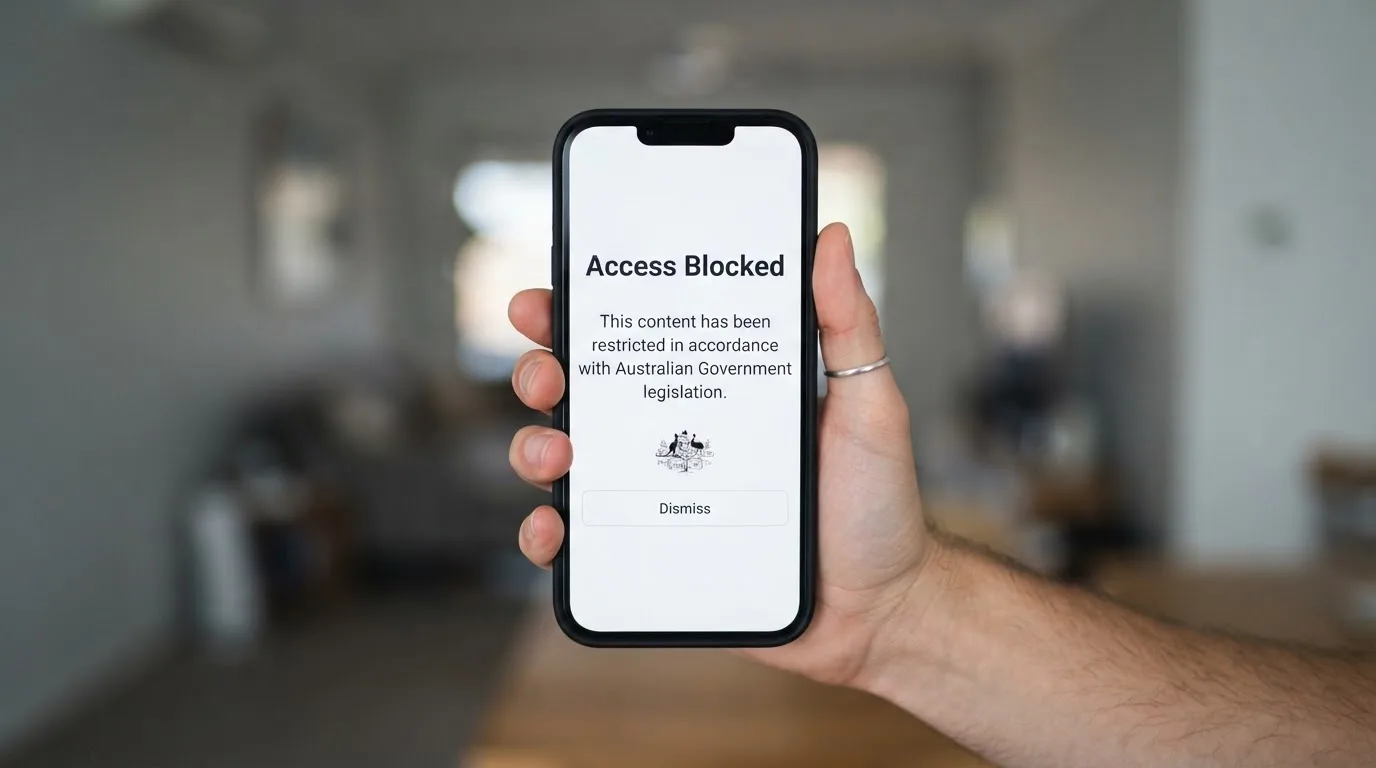 A smartphone screen showing a plain government warning notice about a blocked website, held against a blurred background.