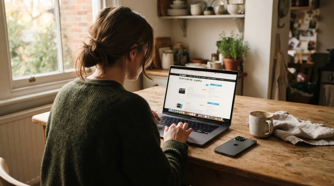 A person at a kitchen table scrolling through review pages on a laptop, phone face-down beside them.