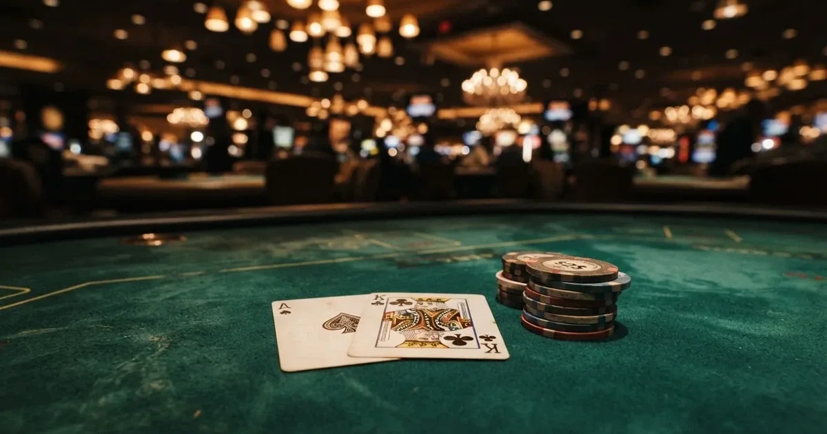 A close-up of a green felt gaming table with cards and chips mid-hand.