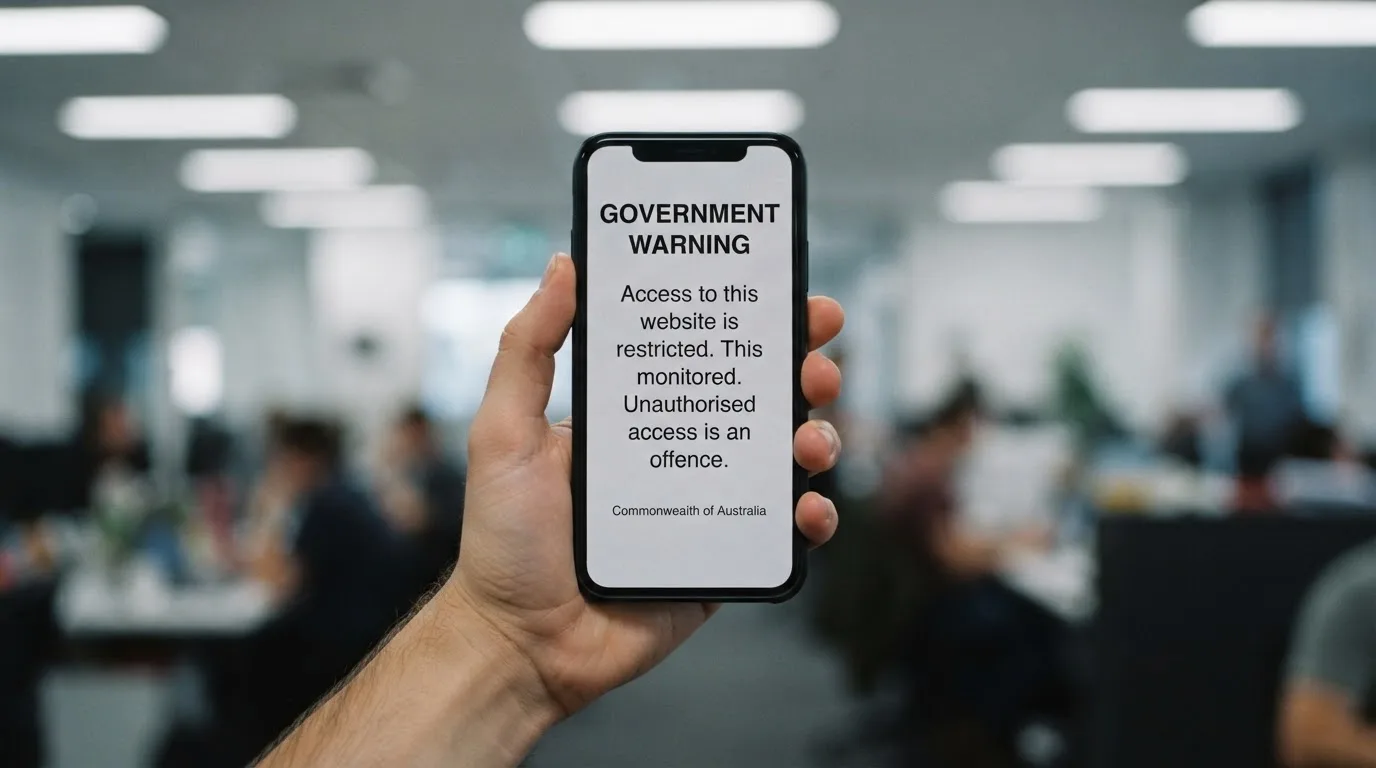A smartphone screen showing a plain government warning notice about a blocked website, held against a blurred background.