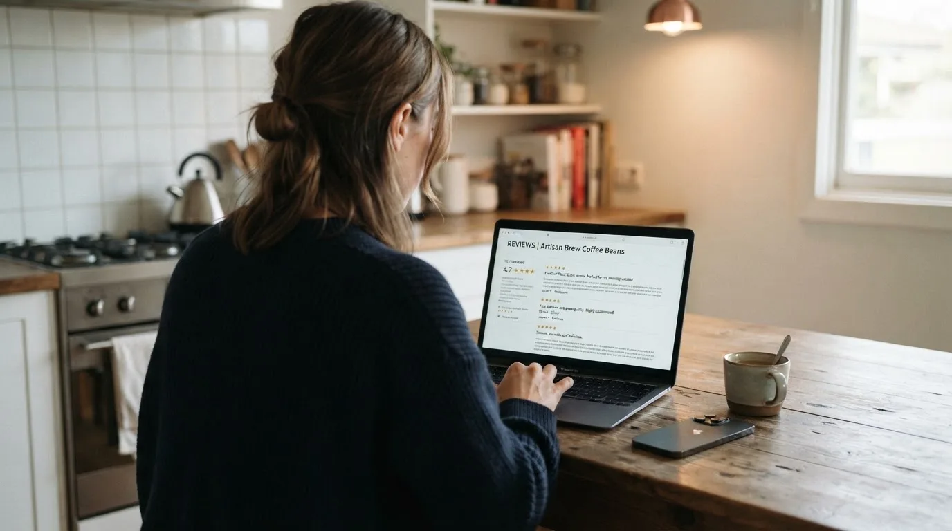 A person at a kitchen table scrolling through review pages on a laptop, phone face-down beside them.