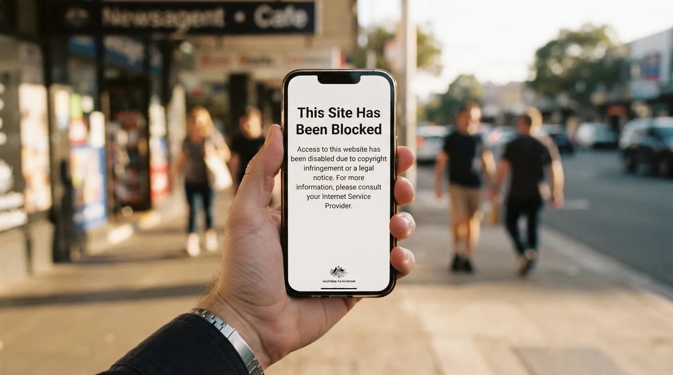 A smartphone screen showing a plain government warning notice about a blocked website, held against a blurred background.