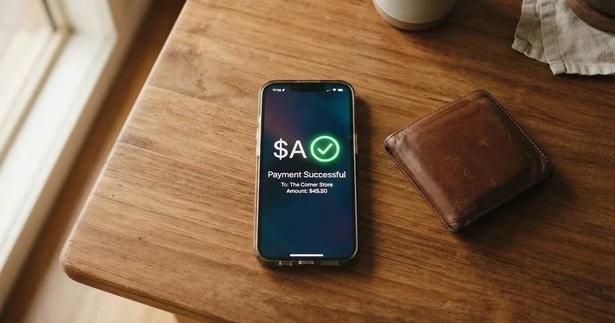 A phone screen showing a bank transfer confirmation, held next to a wallet on a table.