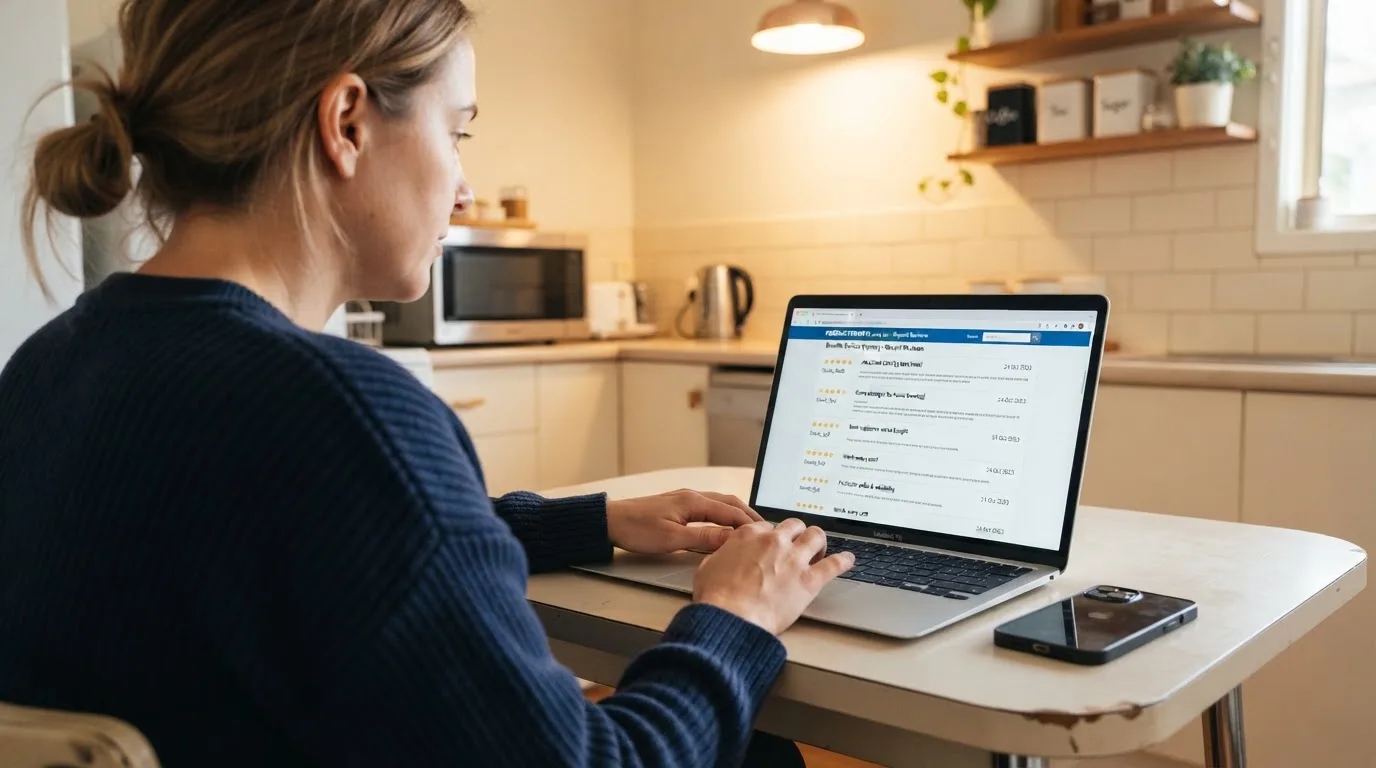 A person at a kitchen table scrolling through review pages on a laptop, phone face-down beside them.