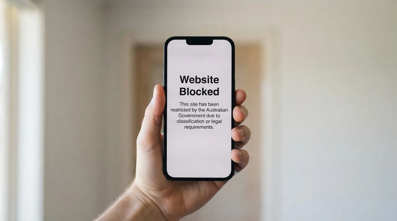 A smartphone screen showing a plain government warning notice about a blocked website, held against a blurred background.