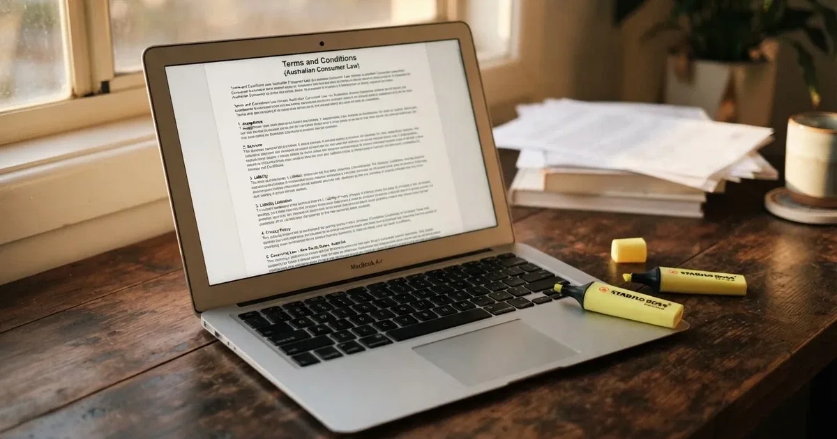 A laptop screen showing a page of terms and conditions text with a highlighter resting nearby.