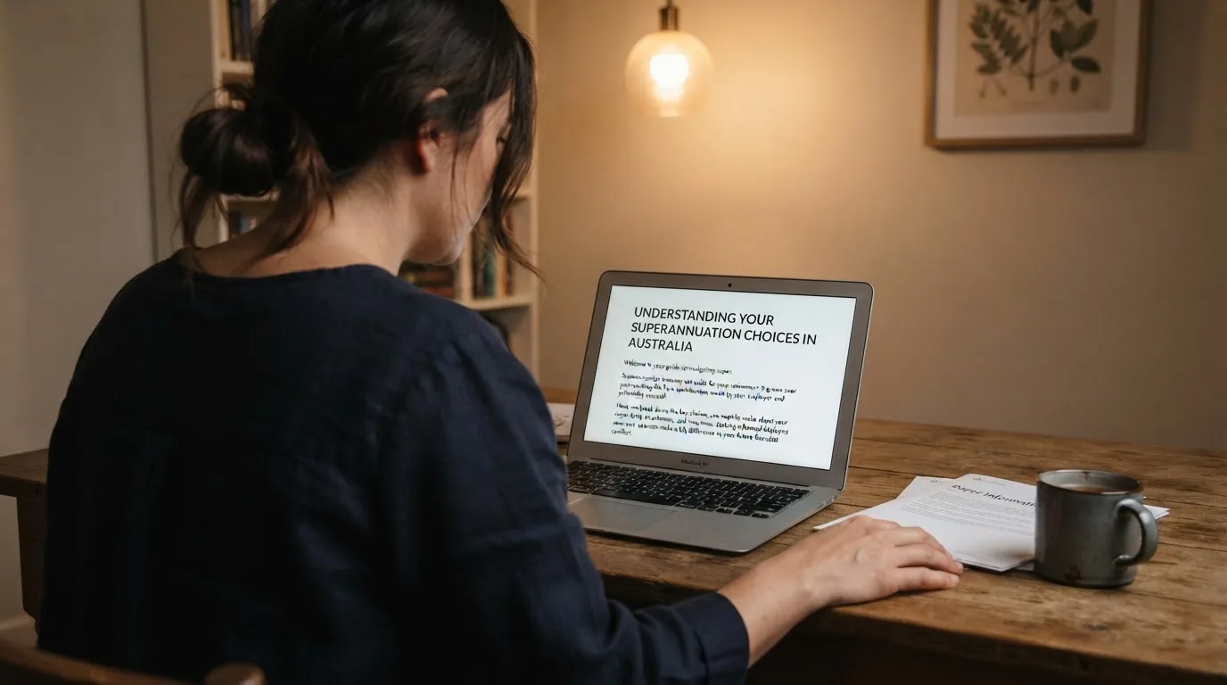 A person at a laptop reading a plain-language explainer article at a home desk.