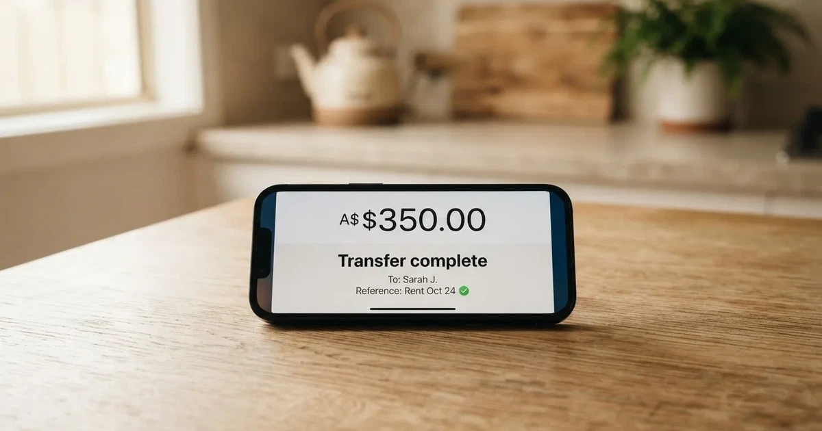 A close-up of a banking app on a smartphone showing a same-day transfer confirmation on a kitchen table.