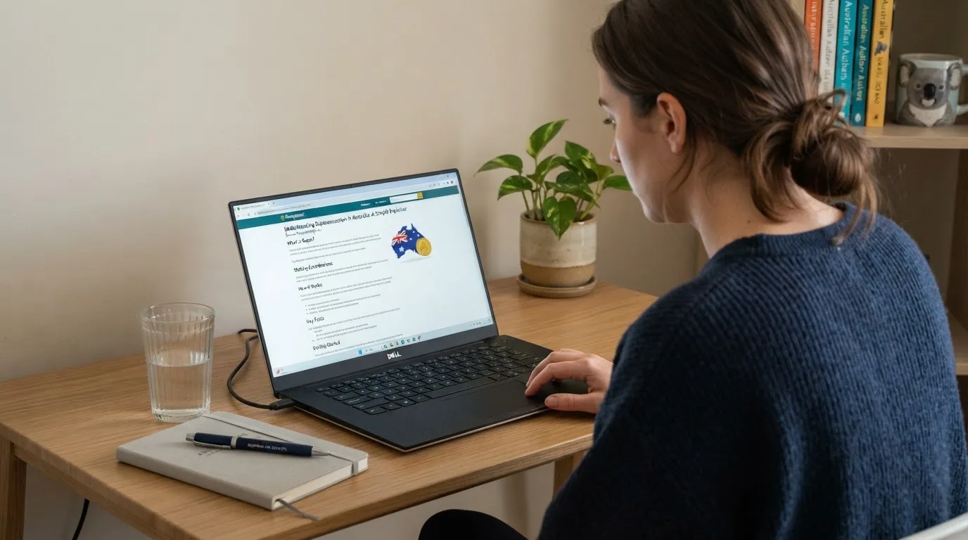A person at a laptop reading a plain-language explainer article at a home desk.
