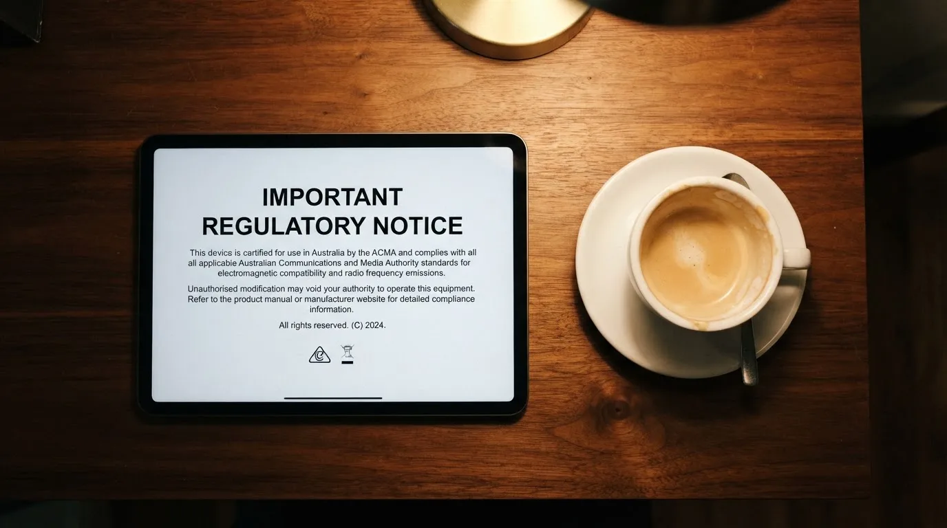 A tablet screen displaying an official regulator warning notice on a desk beside a coffee cup.