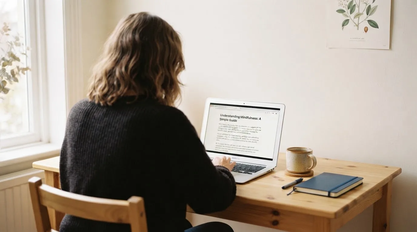 A person at a laptop reading a plain-language explainer article at a home desk.