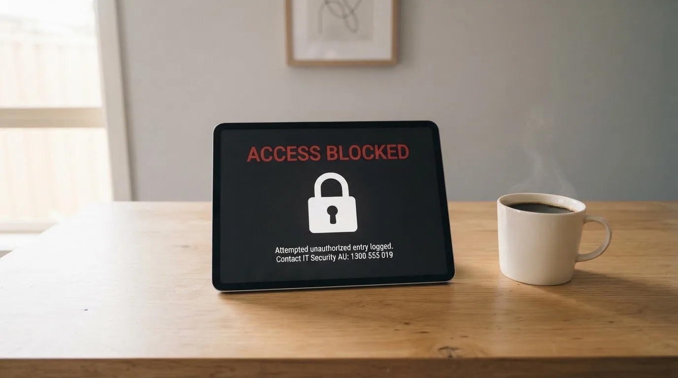 A tablet screen displaying an official regulator warning notice on a desk beside a coffee cup.