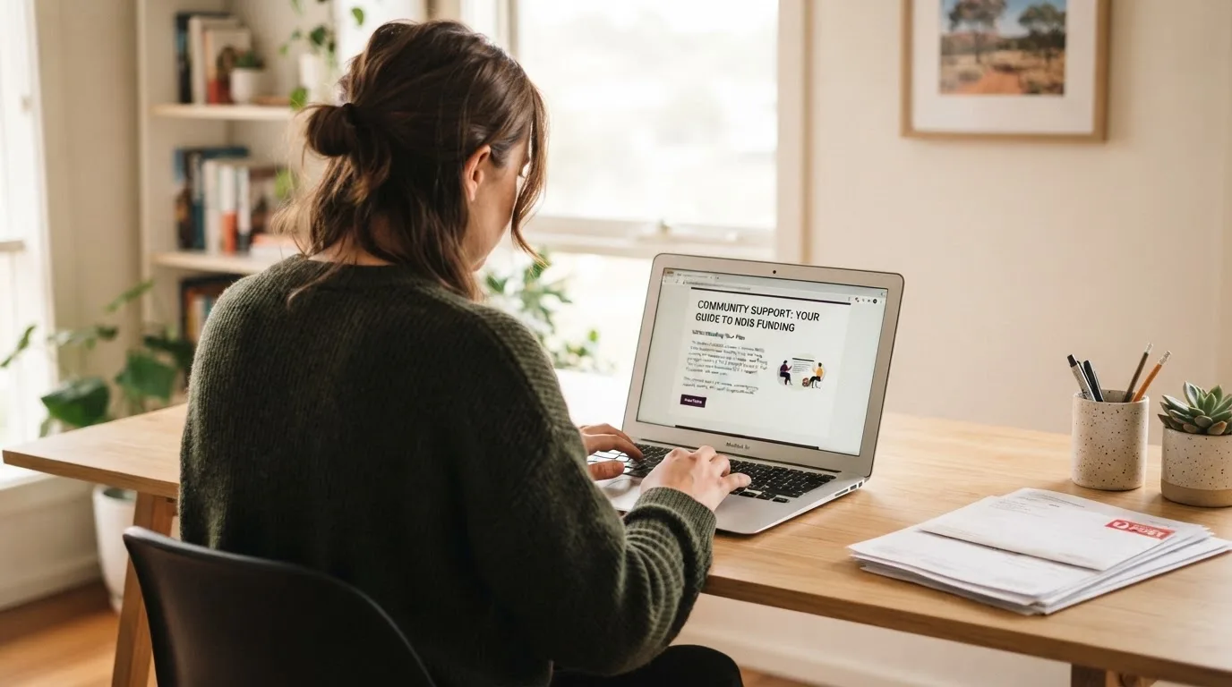 A person at a laptop reading a plain-language explainer article at a home desk.