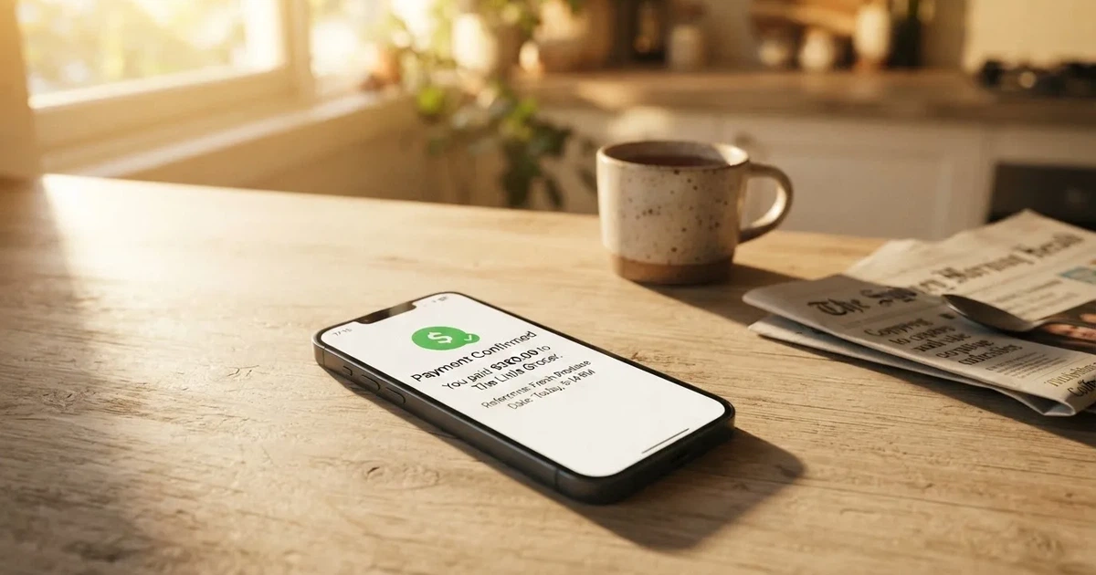 A close-up of a banking app on a smartphone showing a same-day transfer confirmation on a kitchen table.