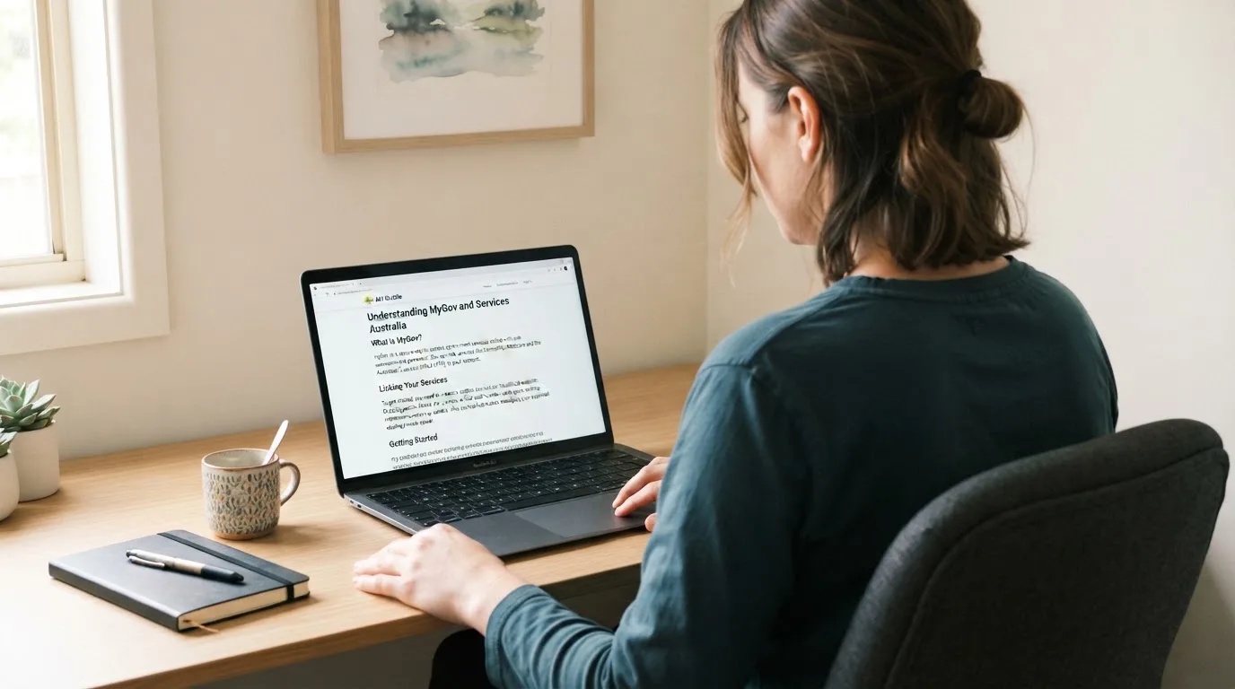 A person at a laptop reading a plain-language explainer article at a home desk.