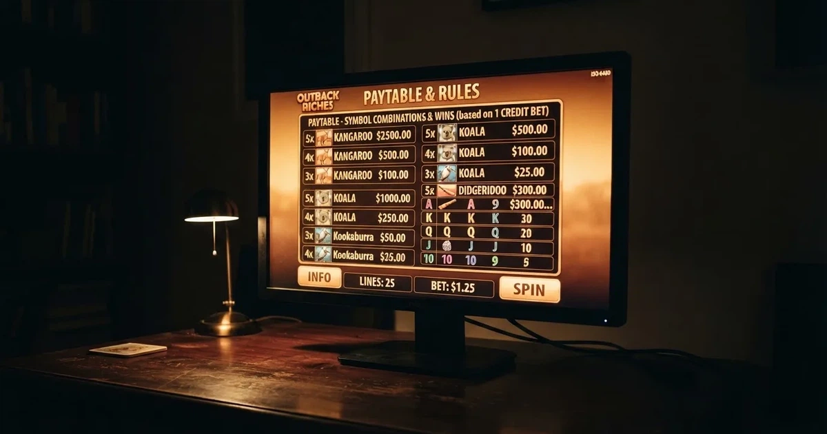A slot machine's paytable screen glowing on a monitor in a dim room.
