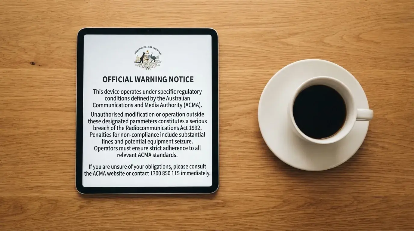 A tablet screen displaying an official regulator warning notice on a desk beside a coffee cup.