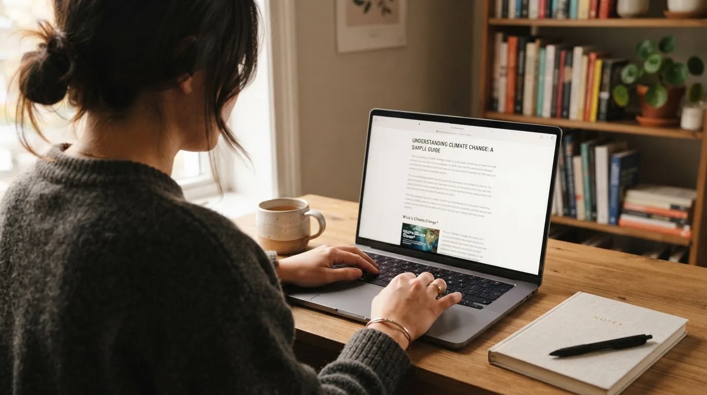 A person at a laptop reading a plain-language explainer article at a home desk.