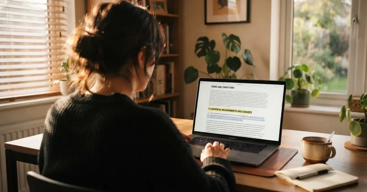 A laptop screen showing a terms-and-conditions page with wagering requirements highlighted.