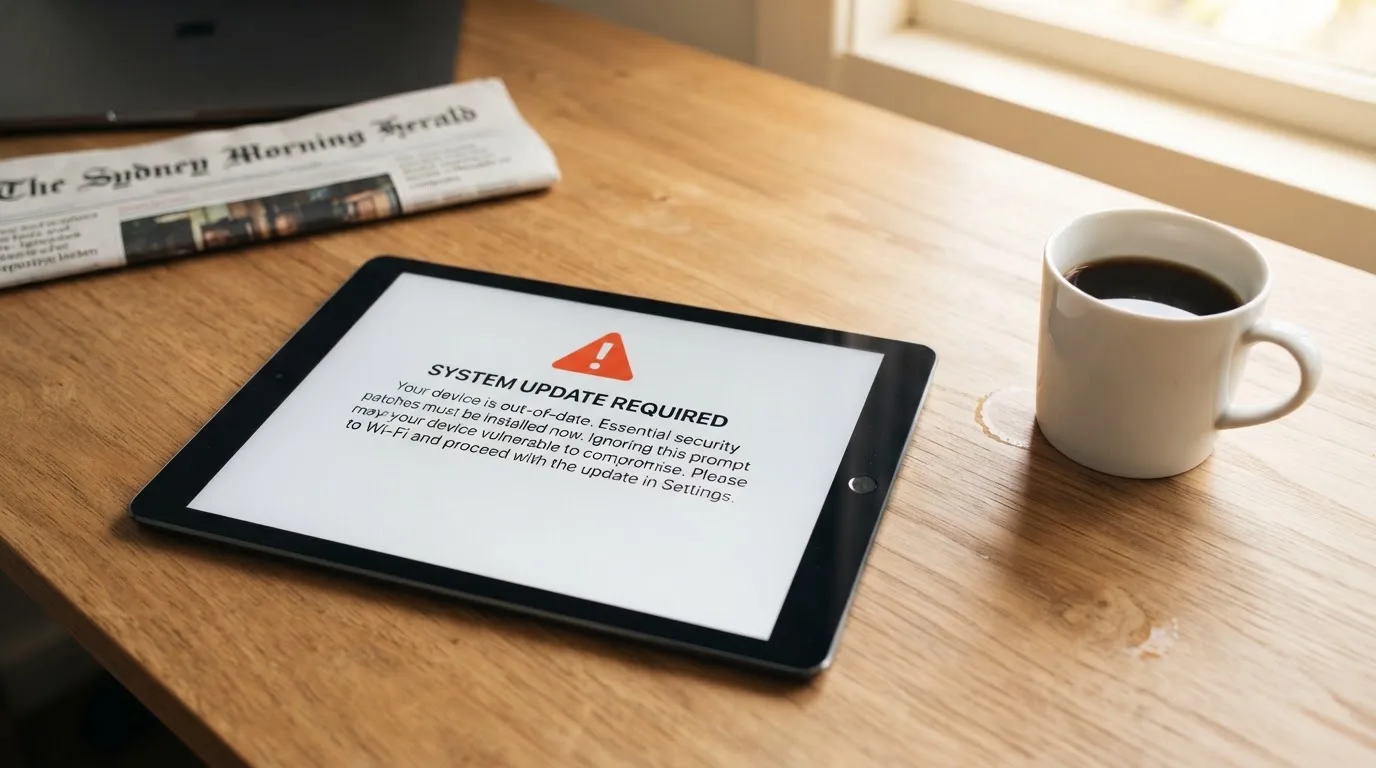 A tablet screen displaying an official regulator warning notice on a desk beside a coffee cup.