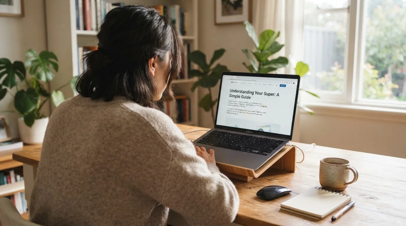 A person at a laptop reading a plain-language explainer article at a home desk.
