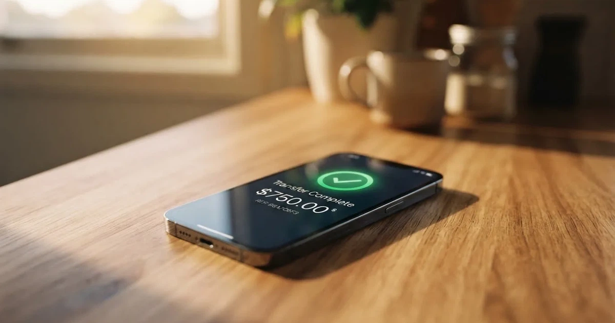 A close-up of a banking app on a smartphone showing a same-day transfer confirmation on a kitchen table.