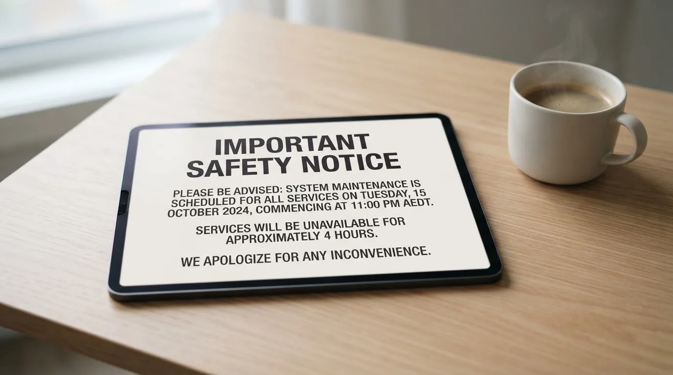 A tablet screen displaying an official regulator warning notice on a desk beside a coffee cup.