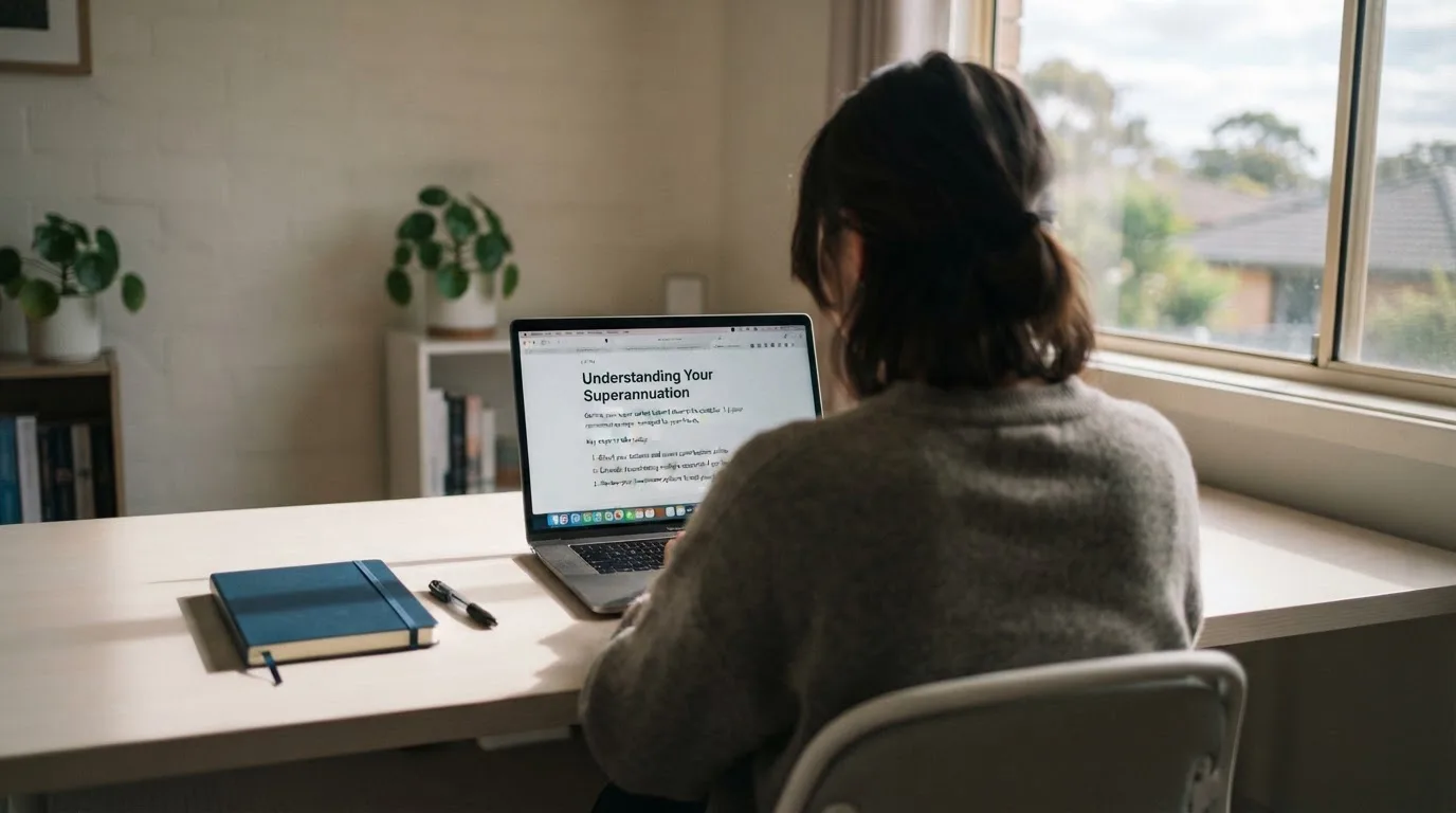 A person at a laptop reading a plain-language explainer article at a home desk.
