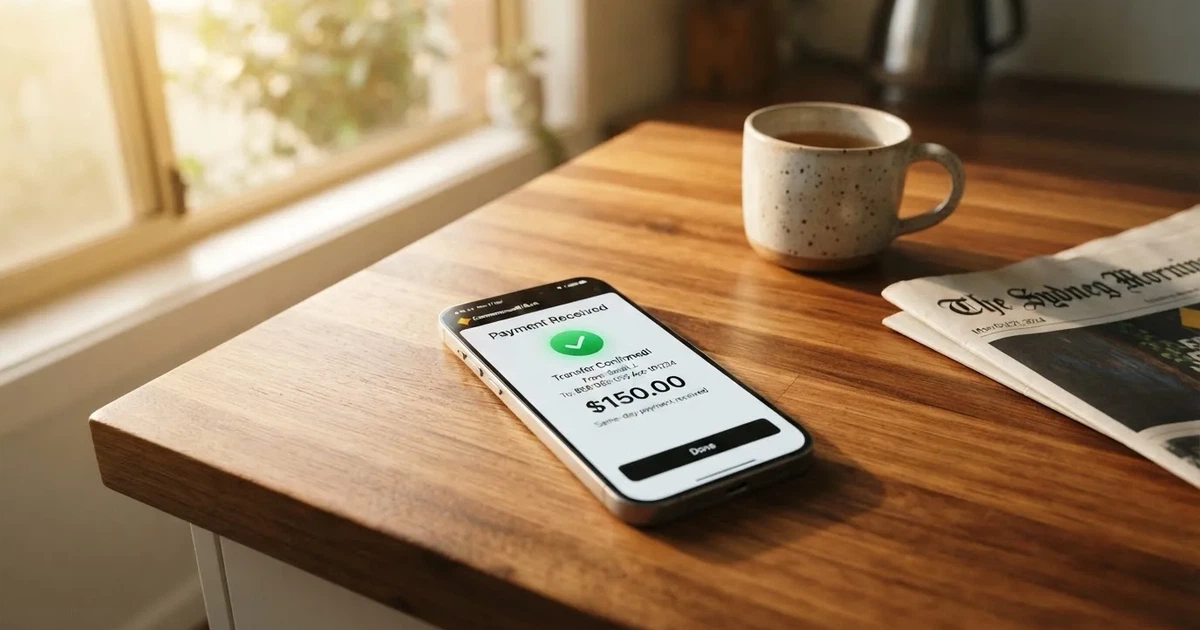 A close-up of a banking app on a smartphone showing a same-day transfer confirmation on a kitchen table.
