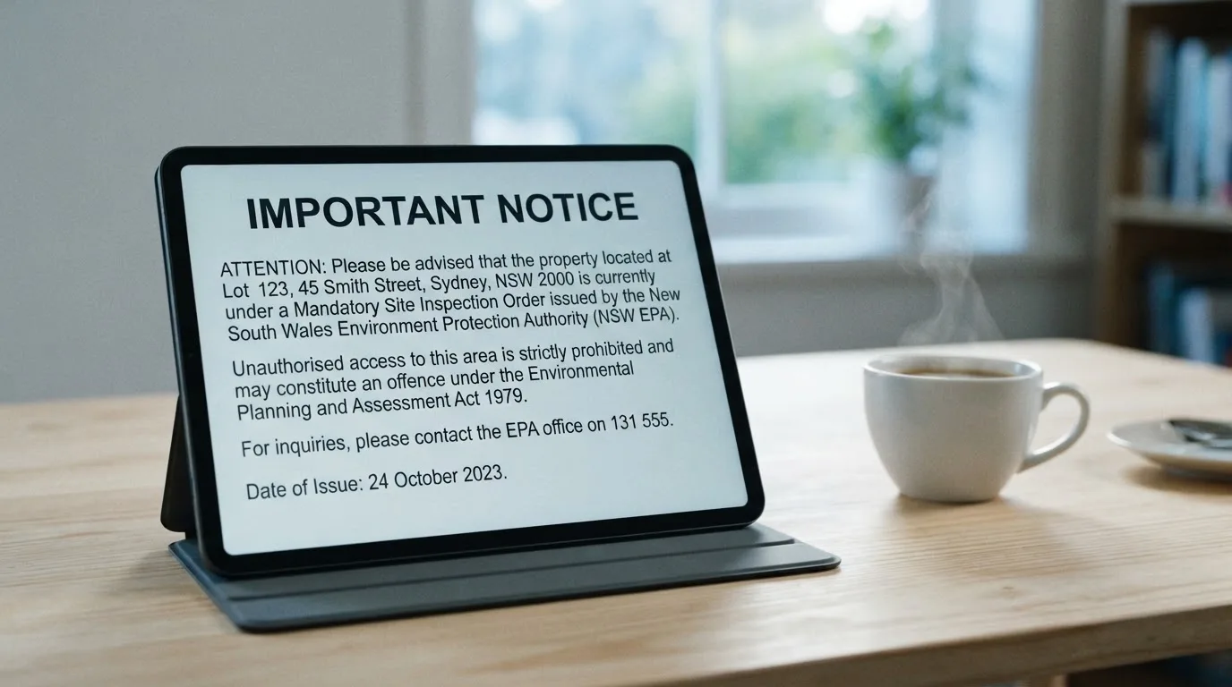 A tablet screen displaying an official regulator warning notice on a desk beside a coffee cup.
