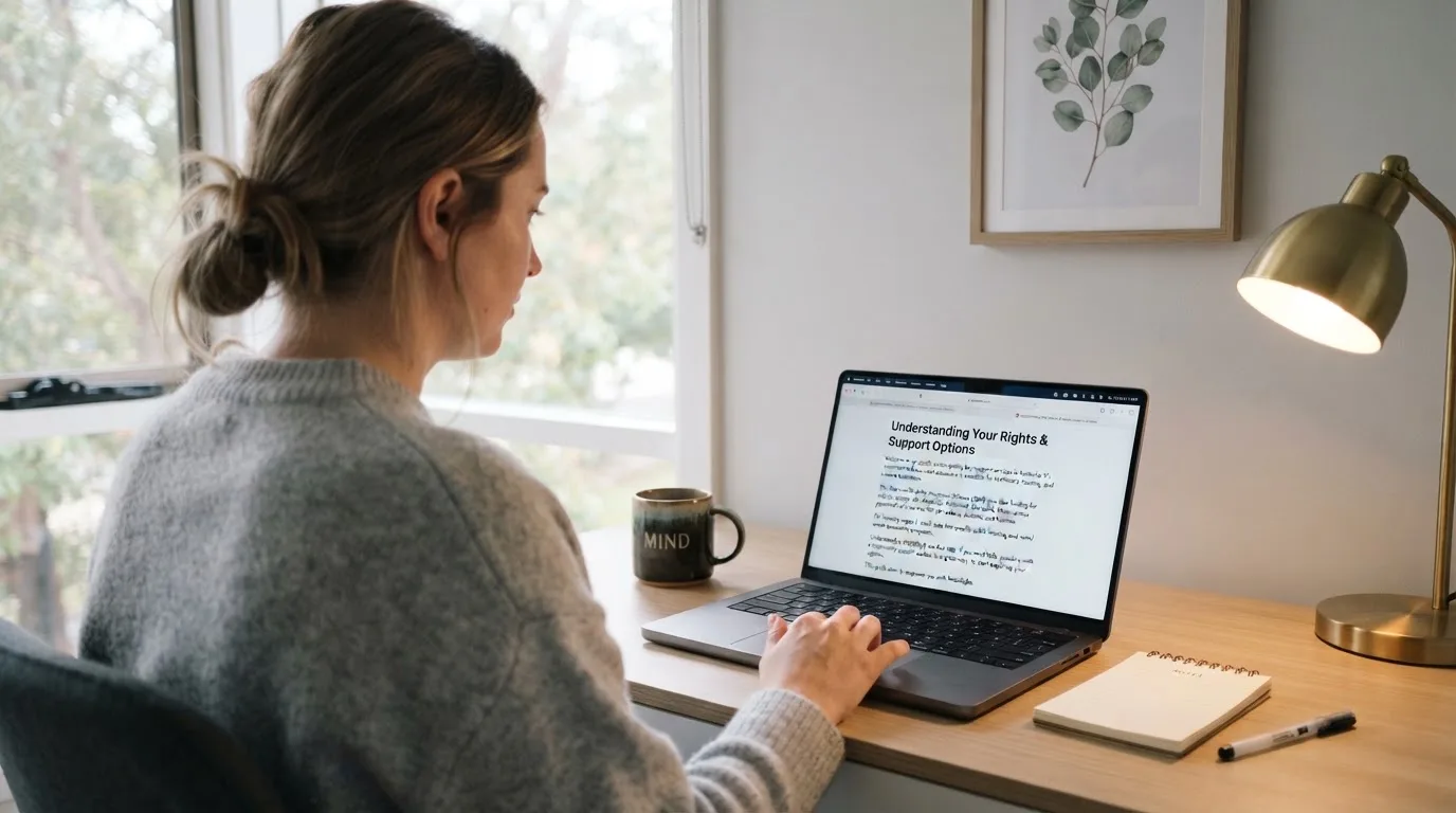 A person at a laptop reading a plain-language explainer article at a home desk.