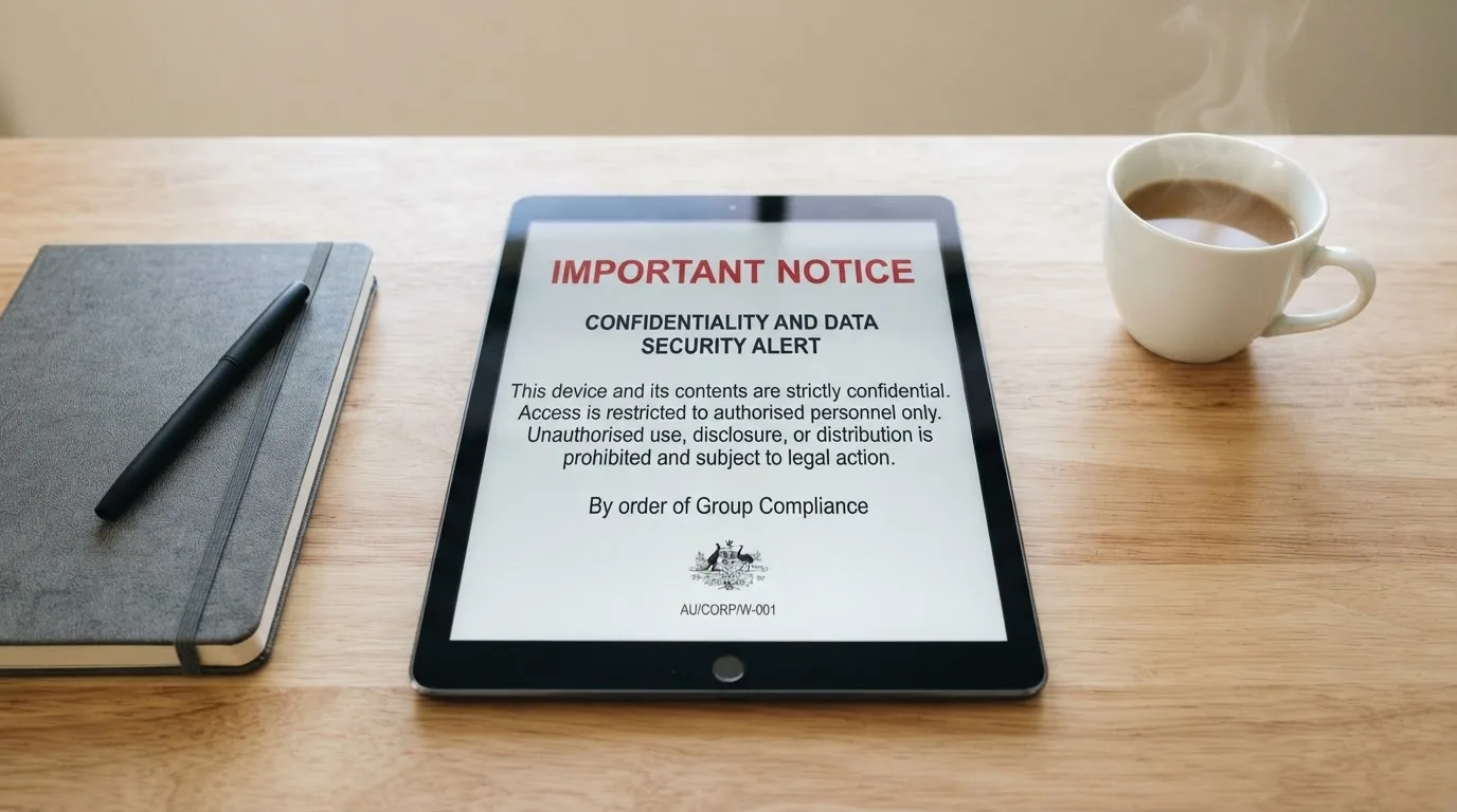 A tablet screen displaying an official regulator warning notice on a desk beside a coffee cup.