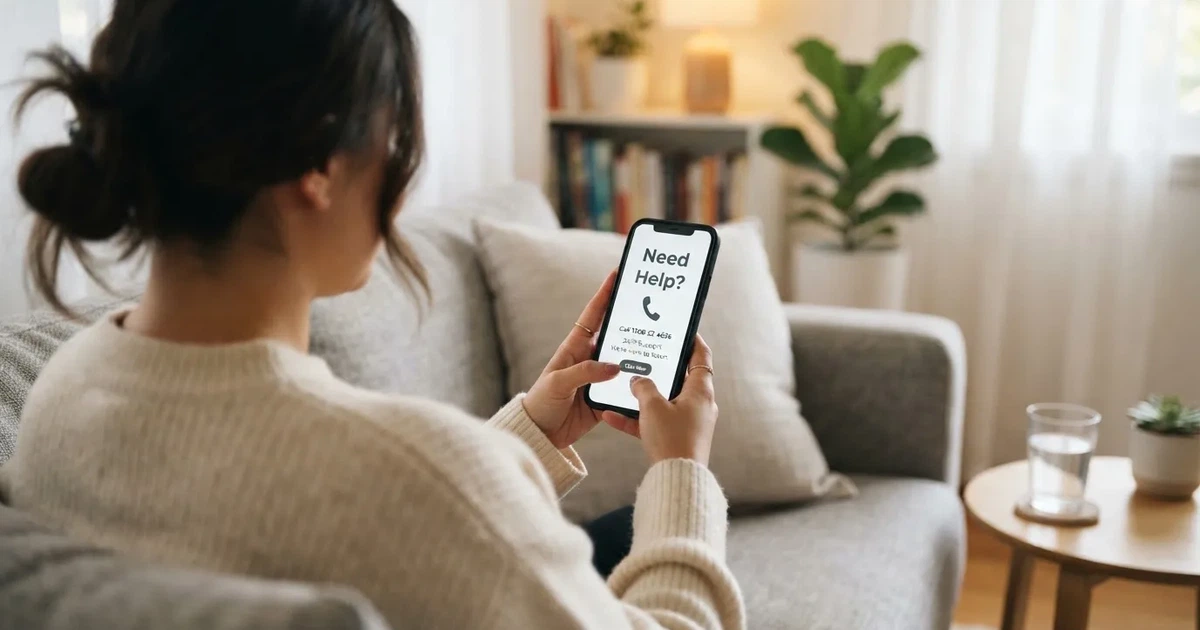 A person looking at a support helpline page on a phone while sitting on a couch.