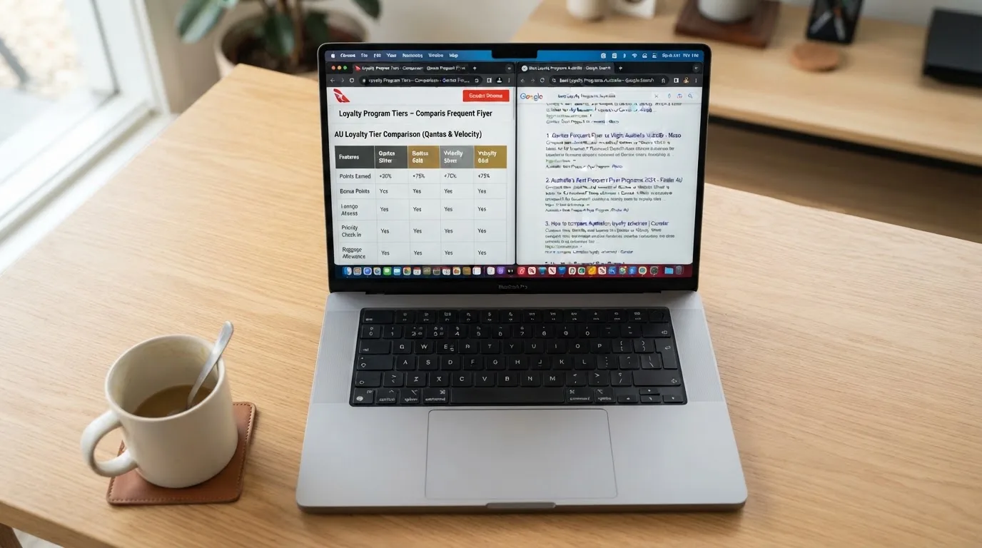 A laptop screen split between two browser tabs, one showing a comparison table and the other a search results page.