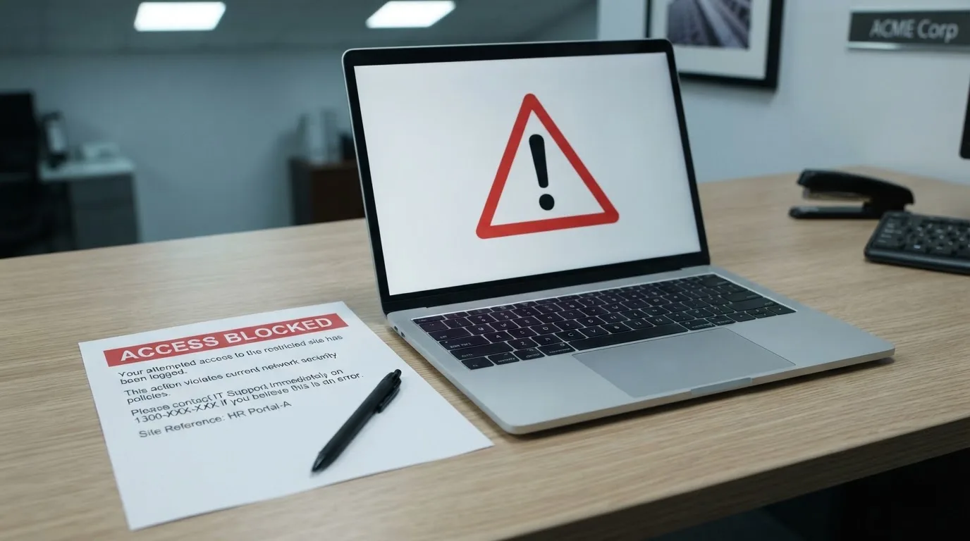A printed government warning notice on a desk beside a laptop with a red alert icon on the screen.