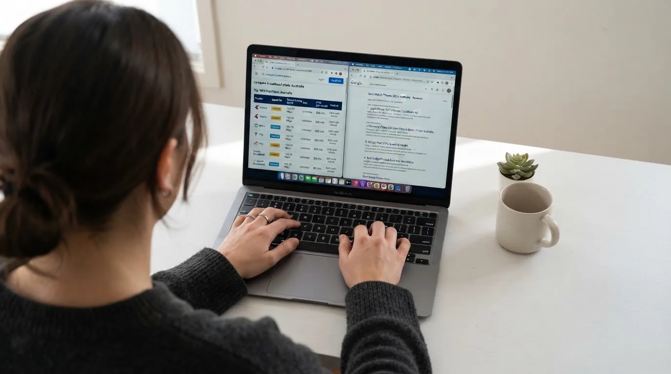 A laptop screen split between two browser tabs, one showing a comparison table and the other a search results page.