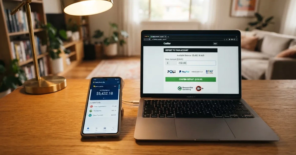 A smartphone screen showing a digital wallet balance next to a laptop cashier page.