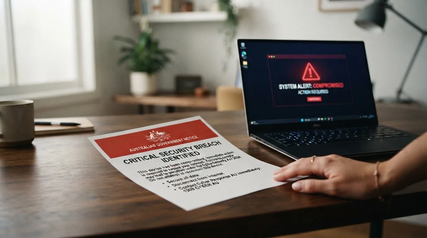 A printed government warning notice on a desk beside a laptop with a red alert icon on the screen.