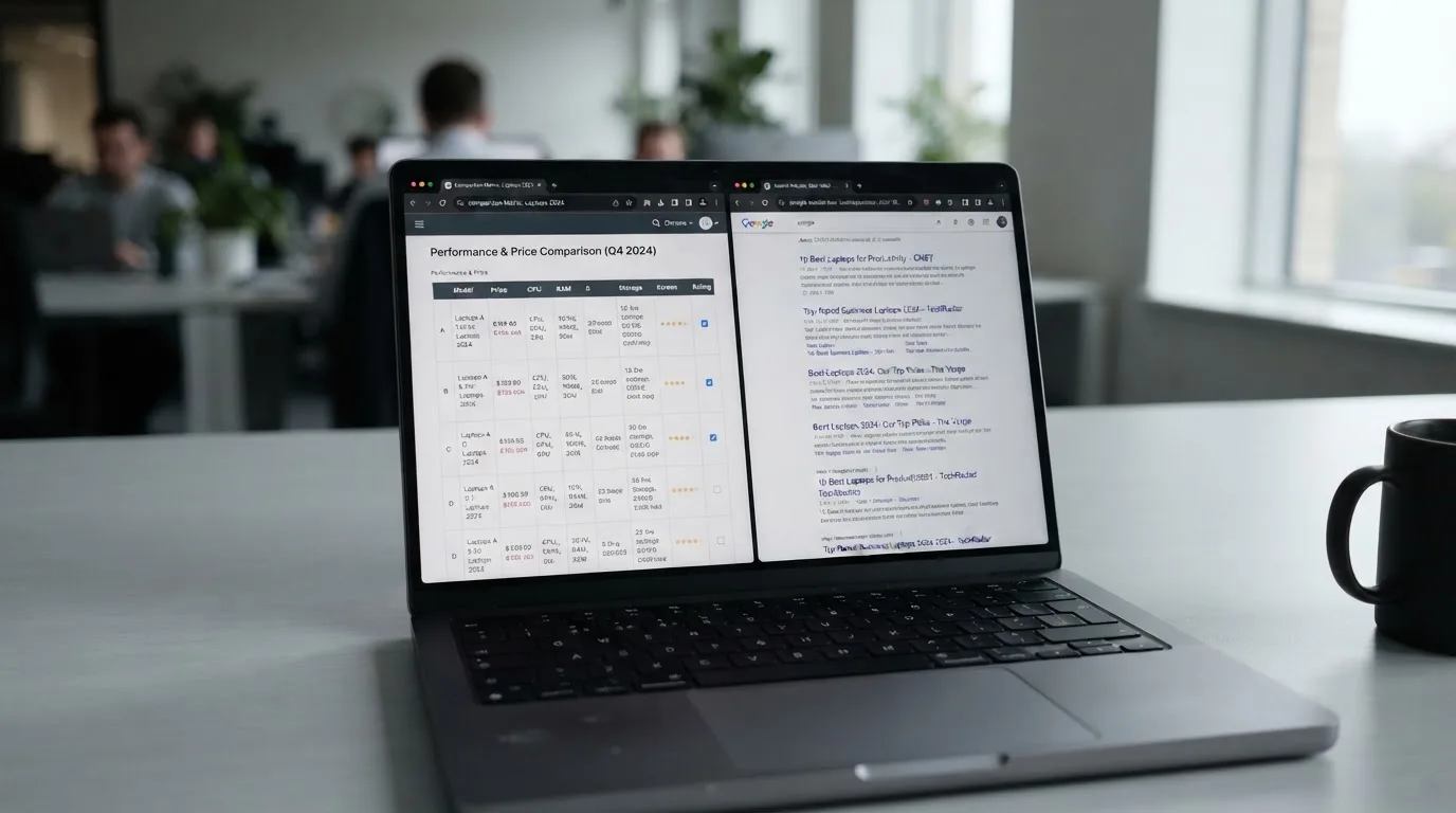 A laptop screen split between two browser tabs, one showing a comparison table and the other a search results page.