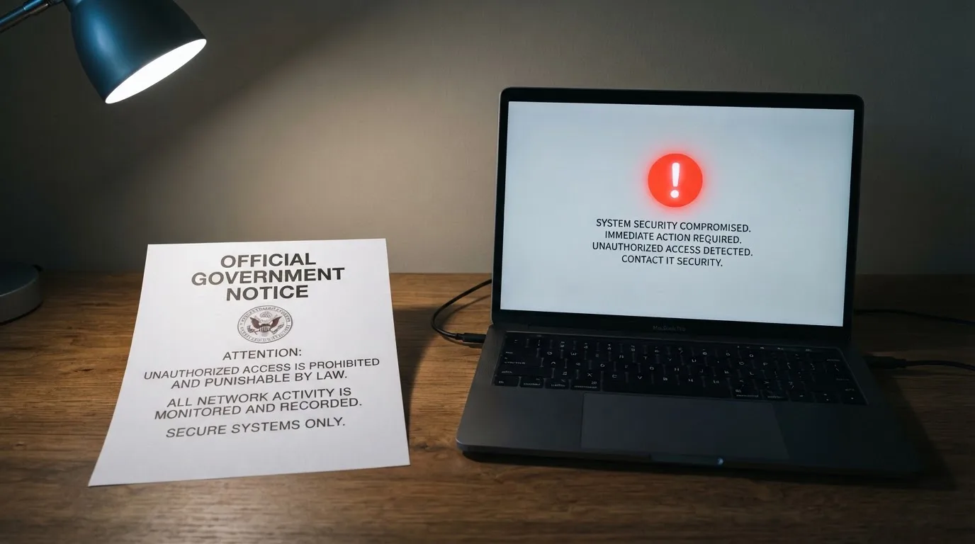 A printed government warning notice on a desk beside a laptop with a red alert icon on the screen.