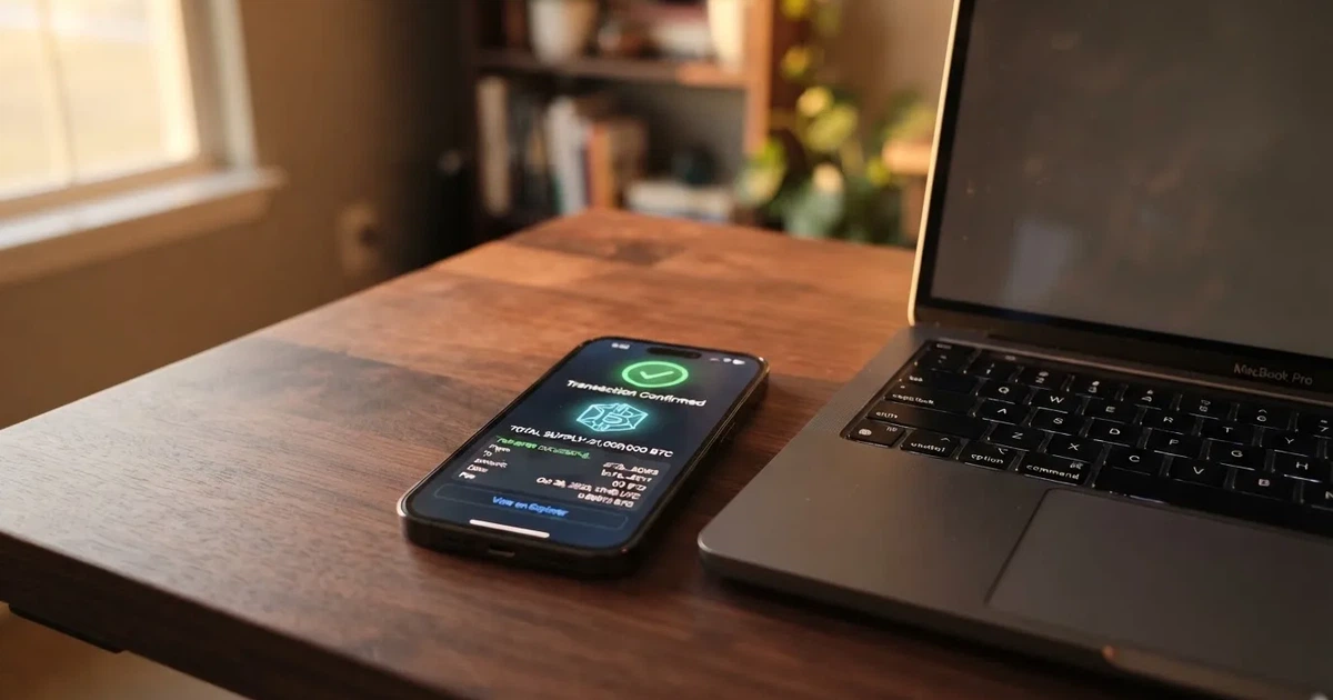 A phone displaying a blockchain transaction confirmation screen next to a laptop keyboard.
