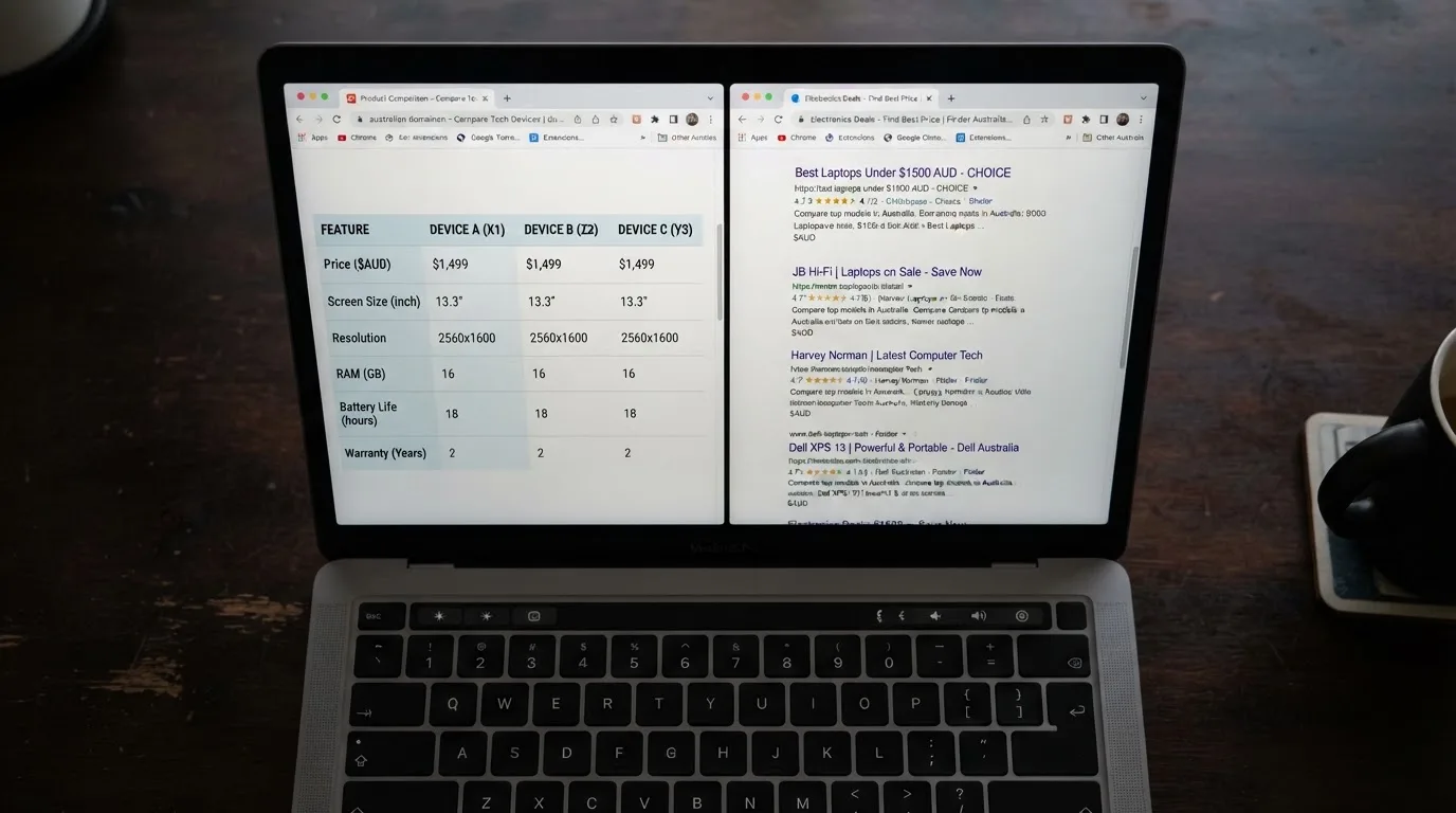 A laptop screen split between two browser tabs, one showing a comparison table and the other a search results page.