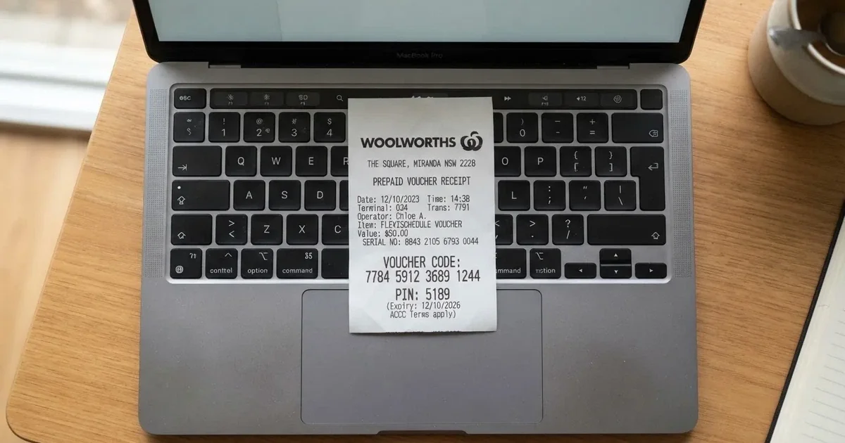 A printed prepaid voucher receipt lying beside a laptop keyboard.