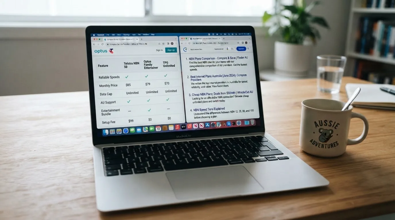 A laptop screen split between two browser tabs, one showing a comparison table and the other a search results page.