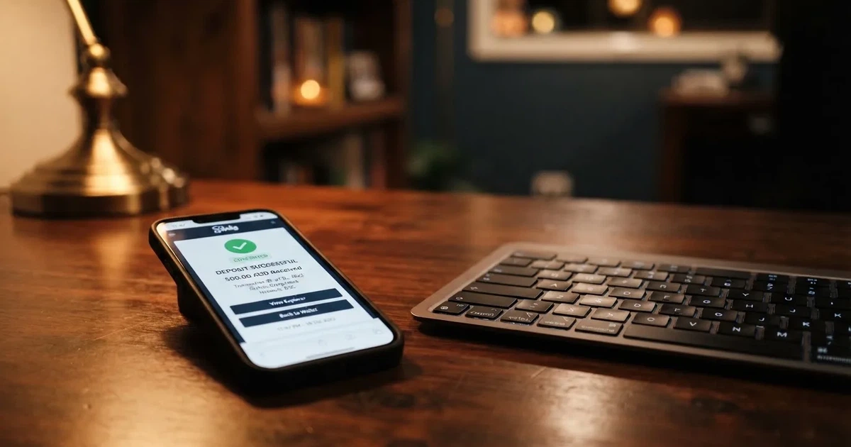 A phone displaying a blockchain transaction confirmation screen next to a laptop keyboard.