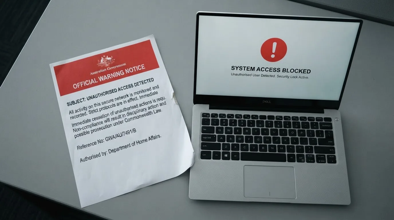 A printed government warning notice on a desk beside a laptop with a red alert icon on the screen.