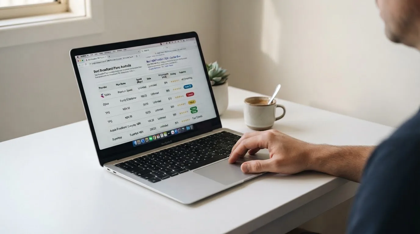 A laptop screen split between two browser tabs, one showing a comparison table and the other a search results page.
